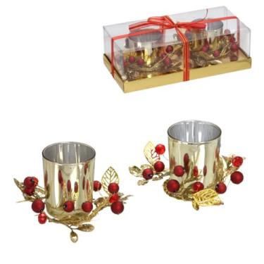 Imagem de Conjunto 2 Porta Vela Candelabro Natalino Dourado Castiçal Decoracao Natal Enfeite