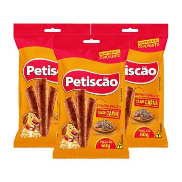 Imagem de Kit 3 Bifinho Mastigável Petiscão Palito Sabor Carne 60g