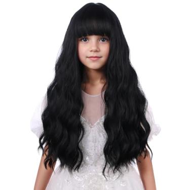 Imagem de WAVELNM Peruca infantil preta com franja preta para meninas, longa, ondulada, cacheada, preta para crianças, perucas sintéticas com touca de peruca