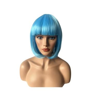 Imagem de OYSRONG Peruca feminina curta Bob Liso Multifuncional Cabelo Sintético Cosplay Peruca Lisa Franja Lisa (Azul Celeste)