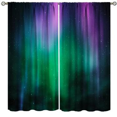Imagem de Cortinas aurora boreal aurora boreal no céu com estrelas e nuvens blackout cortinas com bolso de haste para quarto sala de estar cozinha decoração cortinas de janela com isolamento térmico conjunto de