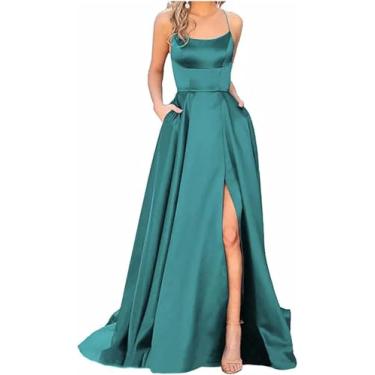 Imagem de Vestidos De Noiva Para Mulheres Verão Ombro A Ombro Cetim Com Fenda Vestidos De Dama De Honra Com Bolsos Sem Encosto Alças De Espaguete A Linha Formal Festa Maxi Vestido De Noite, B-mint Green, XXL