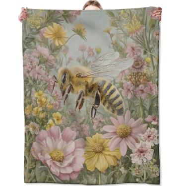 Imagem de Zeleda Cobertor de abelha, manta de flanela floral colorida para mulheres, meninas, amantes da natureza como presente, cobertores macios aconchegantes para sofá, cama, escritório, acampamento, mantas