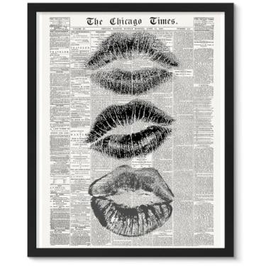 Imagem de uniro Jornal beijo lábios arte de parede Porster vintage preto e branco decoração de parede de jornal imagem estética chique dormitório decoração discoteca pôster para quarto adolescente feminino