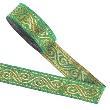 Imagem de GORGECRAFT Fita jacquard dourada metálica de 7 metros com acabamento de 0,9 cm de largura étnica vintage boho dupla face bordada, franja, tecido plano para bolsa, chapéu, roupas, costura, artesanato