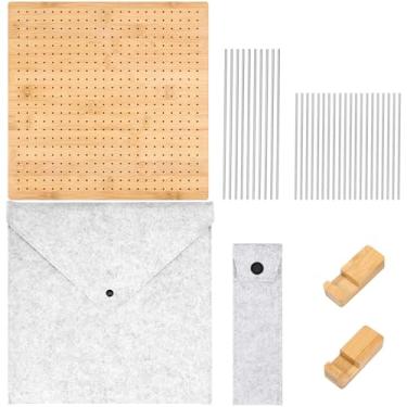 Imagem de Tábuas de bloqueio de crochê, placa quadrada de bloqueio de crochê com pino de estilo de aço, tapete de bloqueio de tricô quadrado de madeira de bambu para presente feito à mão, placa de bloqueio