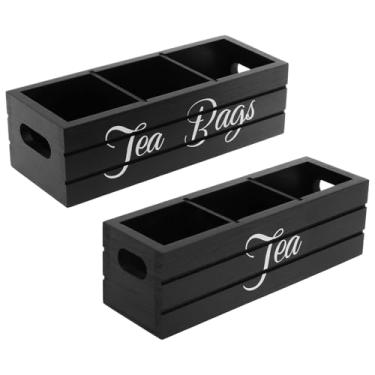 Imagem de Pacote com 2 organizadores de saquinhos de chá de bambu, aparência minimalista, uso amplo, porta-gaveta de chá de madeira de qualidade com 3 compartimentos, caixa de baú para estação de café, pacote