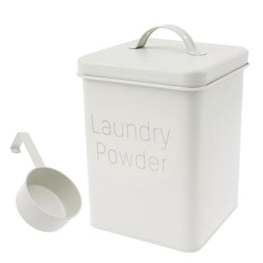 Imagem de Caixa de armazenamento de sabão em pó 3L recipiente de armazenamento de detergente de metal recipiente portátil para pó de lavanderia com tampa para lavanderia (branco)