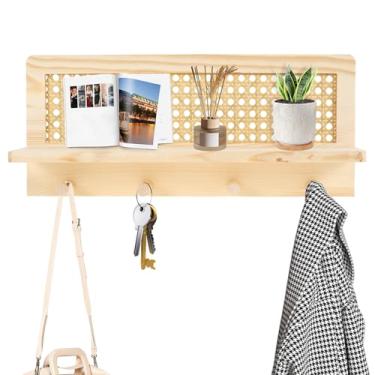 Imagem de Prateleira de cabide de vime, suporte de parede com prateleira, ganchos de prateleira para pendurar na parede, prateleira de vime, prateleira flutuante de vime, suporte de vime para entrada de entrada