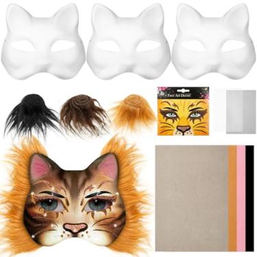 Imagem de ZFLYCANP Kit de máscara faça-você-mesmo, kit de máscara em branco versátil estilo gato de superfície lisa com pele sintética e malha de olhos para cosplay de carnaval de máscaras (marrom)