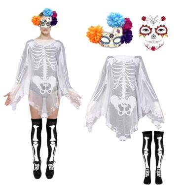 Imagem de Vegove 4 Pcs Halloween Day of The Dead Skeleton Cape Poncho Costumes for Women with Masquerade Mask, Thigh High Socks & Face Stickers