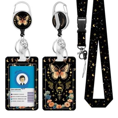 Imagem de Cordão de flores de borboleta, crachá de identidade, presente feminino, suporte de crachá de identidade da lua com clipe retrátil e chaveiro, capa protetora de crachá de identidade vertical para