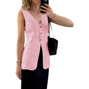 Imagem de Colete de linho, blazer feminino, jaqueta sem mangas, blusas de verão,