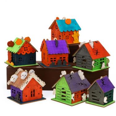 Imagem de Fullhawl 6 conjuntos de kits de quebra-cabeça de madeira DIY para casa de Halloween para construir com pincéis de pintura e adesivos de terror de Halloween, ornamentos 3D para atividades divertidas de
