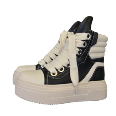 Imagem de New Street Style bico redondo sola grossa plataforma salto grosso masculino feminino tênis com zíper moda unissex punk casual skate sapatos, Preto, 40