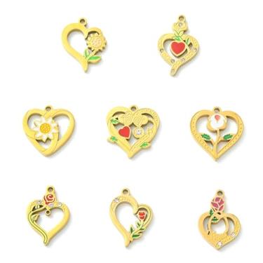 Imagem de UR URLIFEHALL 8 peças, 8 estilos, pingentes de coração de flor de aço inoxidável, banhado a ouro 18 K, vazado, amuletos de coração para fazer você mesmo, colar, pulseira, joias