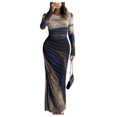 Imagem de Vestido maxi yontuxa feminino Tie Dye de manga comprida azul