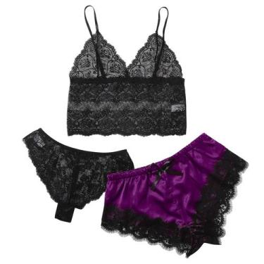 Imagem de Conjunto de pijamas femininos HUOGUO com decote em V, cílios, renda, m