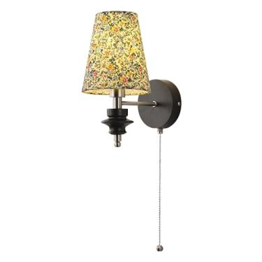 Imagem de Luminária de parede retrô de madeira maciça, decoração vintage para casa, com interruptor de corrente e abajur de tecido com padrão floral, luminária de parede de arte em madeira de nogueira