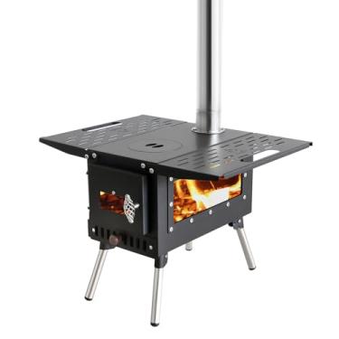 Imagem de Fogão de barraca ao ar livre Fogão de acampamento portátil com tubo de chaminé para cozinhar ao ar livre, acampamento, acessórios para churrasco, preto