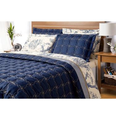 Imagem de Cobre Leito Queen 200 fios Porcelana Azul Marinho Casaborda 3 peças