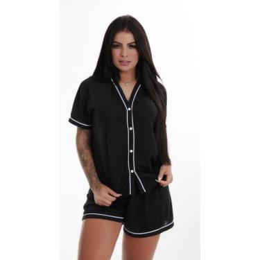 Imagem de Pijama Curto Blogueira Botão Aberto Manguinha - Charme Delas, Preto, G