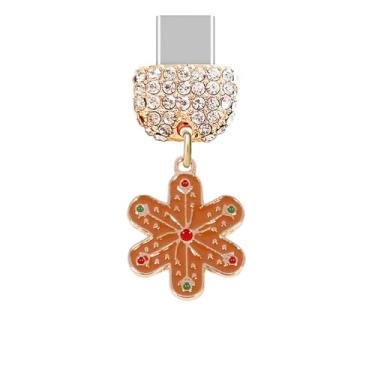 Imagem de ELISE & FONDA TP968 Tipo-C porta de carregamento cristal antipoeira pequeno floco de neve de Natal pingente de celular para iPhone 15/16/Samsung/OnePlus/Xiaomi/oppo telefones Android (marrom)