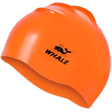 Imagem de Touca de natação de silicone - impermeável antiderrapante de alta elasticidade - mantém o cabelo seco, perfeita para homens e mulheres, touca de natação grande (laranja)