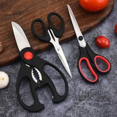 Imagem de Tesoura de cozinha, lâminas afiadas de aço inoxidável com aderência TPR, tesouras de cozinha de aço inoxidável resistente para cortar carne, alimentos, peixes, aves e sissores afiados multiuso