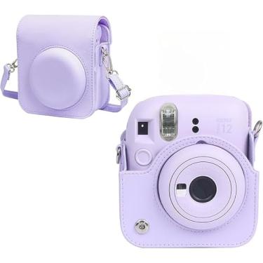 Imagem de Capa protetora para Fujifilm Instax Mini 12 Instant, bolsa de couro PU para câmera com bolso e alça de ombro ajustável removível, roxa