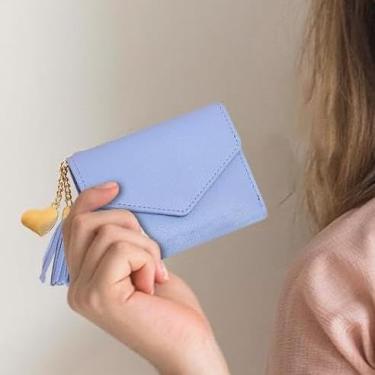 Imagem de Carteira feminina de poliuretano pequena e delicada, design de botão com zíper com vários compartimentos para cartões e pingente de borla para compras, viagens, encontros, Azul, Bonito