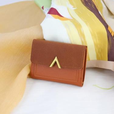 Imagem de Carteira feminina, bolsa feminina com três dobras, curta, porta-cartões de crédito, carteira transparente para dinheiro com botão de pressão e zíper, Marrom, Moderno