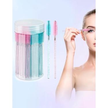 Imagem de 100 pincéis de cílios, varinhas de rímel descartáveis ajustáveis, carretel de cílios de cristal, pincel de sobrancelha com recipiente para maquiagem, extensões de cílios (azul + rosa)