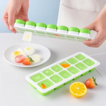 Imagem de Bandejas de gelo de 14 cubos para freezer, silicone fácil de liberar com tampas resistentes a derramamentos, molde de gelo reutilizável para coquetéis ou café gelado, verde