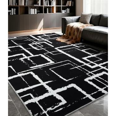 Imagem de YIHOUSE Tapete geométrico moderno preto 15 x 23 cm, preto e branco com padrões retangulares abstratos, tapetes laváveis para quarto, escritório em casa e sala de estar