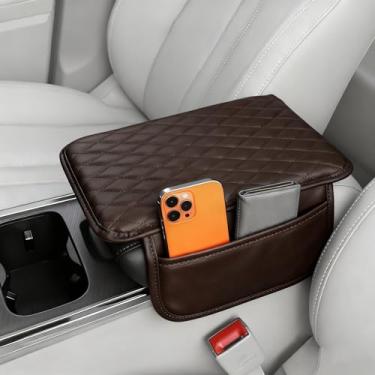 Imagem de Myston Enseada de console central de carro, almofada de couro para apoio de braço, 2 bolsas de armazenamento, almofada de caixa de assento de apoio de braço, protetor de acessórios internos de carro