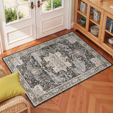 Imagem de RUUGME Tapete de entrada lavável preto: tapetes 3x4 para entrada cozinha banheiro interno - tapetes macios resistentes a manchas tapete de decoração de piso envelhecido 3x4 preto