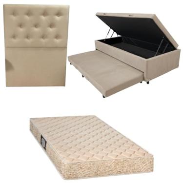 Imagem de Cama Box Baú Solteiro com Auxiliar (Bicama) + Colchão de Espuma Toulon D33 | Kit Completo com Cabeceira Botonê Opcional | Diversas Cores (3, SUEDE BEGE, COM CABECEIRA)