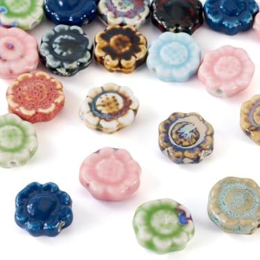 Imagem de Sparkeads 20 peças de contas de porcelana feitas à mão de girassol coloridas contas de cerâmica de girassol extravagante espaçador de flores esmaltadas antigas contas de artesanato solta para