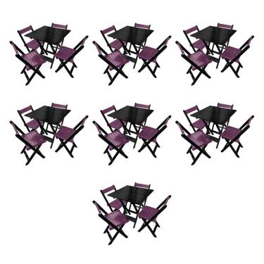 Imagem de Kit 7 Mesas De Madeira Dobrável Preto 70x70 Com 4 Cadeiras Dobráveis Roxo
