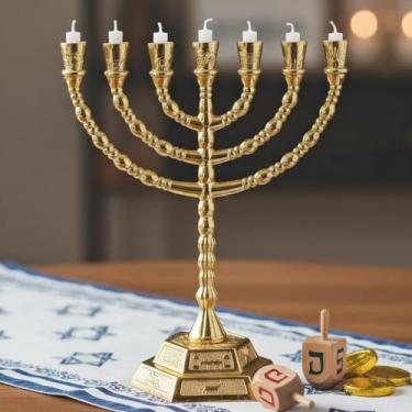 Imagem de Castiçal de menorá de 7 ramos banhado a ouro - decoração judaica de Hanukkah e Sabbath, design de 12 tribos de Israel, 16,5 polegadas (acabamento dourado)