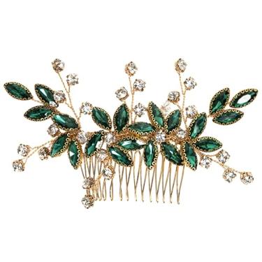 Imagem de Pente de cabelo de noiva elegante com cristal fantasma verde e metal dourado para casamentos, design de folha, acessório de cabelo para ocasiões especiais