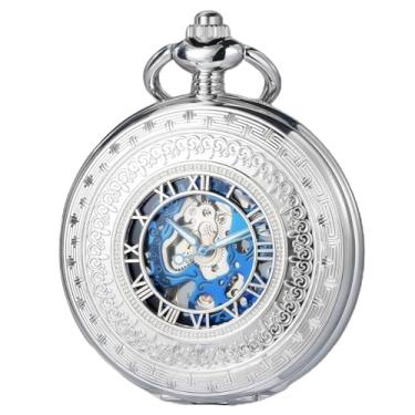 Imagem de DerMacht Relógio de bolso mecânico presente para homens, relógio de bolso esqueleto masculino mostrador romano com corrente, Ec. Números romanos, azul prateado