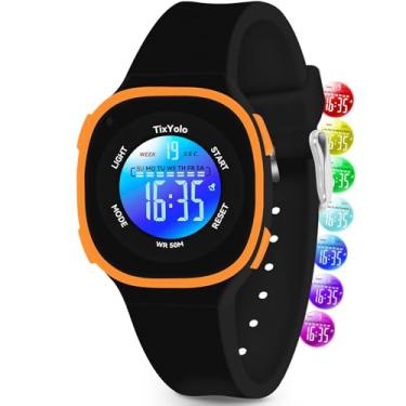 Imagem de TixYolo Relógio digital infantil com 7 luzes coloridas à prova d'água, alarme, cronômetro, pulseira macia, presente para crianças, relógio esportivo para meninos e meninas de 5 a 12 anos, Preto, G