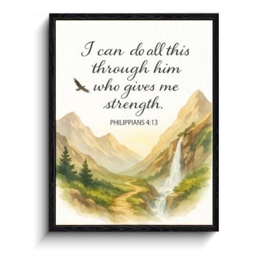 Imagem de Montanhas em aquarela com cachoeira e águia, "I can do all this through Him who gives me strength" Philippians 4:13 decoração de parede cristã, arte de parede com moldura fosca para berçário