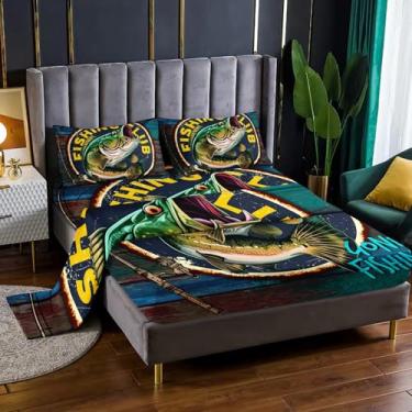 Imagem de Nttopship Jogo de cama casal de 4 peças Big Pike Fish para caça e pesca, com bolsos profundos, decoração de quarto de pesca, 4 peças (1 lençol + 1 lençol + 2 fronhas)