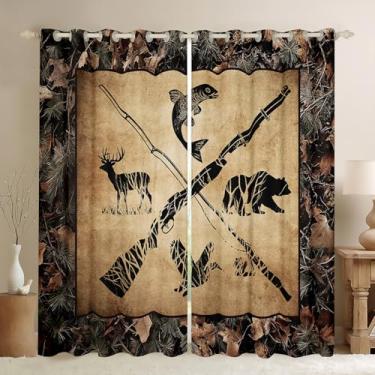 Imagem de Cortinas blackout de caça e pesca 96 cm L x 114 cm C C Cortinas de janela camufladas para quarto, floresta, vida selvagem, robalo, peixe, pato, urso, cervo, cortinas e cortinas rústicas para cabana de