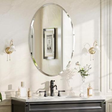 Imagem de Pocetry Espelho oval de banheiro de 71 x 50 cm para pia, espelho chanfrado sem moldura com painel traseiro de suporte, espelho de parede oblongo para banheiro, entrada, quarto