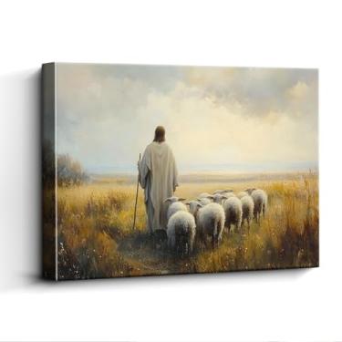 Imagem de WOXZQ Arte de parede de Jesus, rebanho líder, decoração de parede de bom pastor, impressão em tela laminada sem moldura, pôster cristão, para presente de escola dominical no berçário, 38 x 30 cm