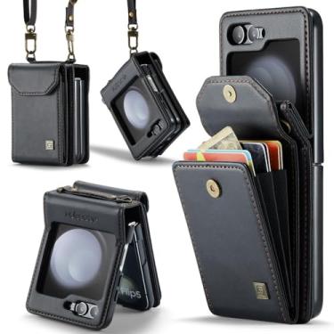 Imagem de XKchatpt Capa para Samsung Galaxy Z Flip 5, carteira transversal com suporte para cartão com bloqueio de RFID, alça de couro PU, capa protetora à prova de choque para Samsung Galaxy Z Flip 5 (preto)